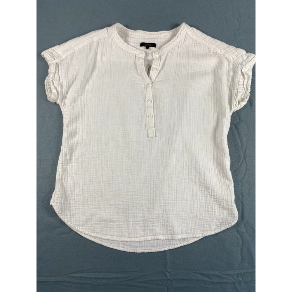 Quince Blouse Top Women Sz M White Gauzy Cotton Henley Relaxed Coastal Beach